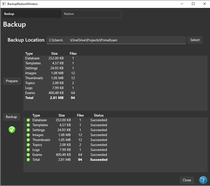 Backup and Restore Window